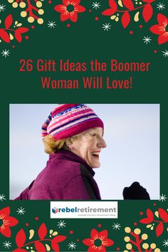 a woman wearing a red hat and purple coat with the words, 26 gift ideas the boomer woman will love