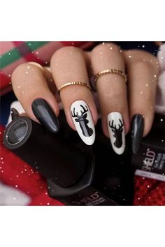 VOTACOS Press on Nails New Years Party Medium Almond Fake Nails Black Winter False Nails with Deer Glossy Full Cover Stick on Nails for Women 426 Dark Christmas Nails, Christmas Nails Short, Nails August, Nail Korean, Nail Halloween, Fairy Nails, Nail 2023, Ballet Nails, Nail Acrylic