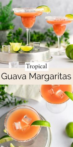 two glasses filled with orange margaritas and garnished with lime slices on the rim