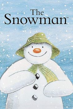 the snowman is wearing a green hat, scarf and mittens while standing in the snow