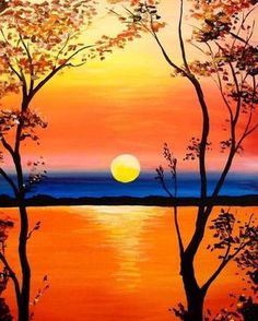 a painting of the sun setting over water with trees in foreground and an orange sky