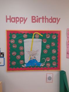 a happy birthday sign with a mouse in a cup on the front and an image of a drink