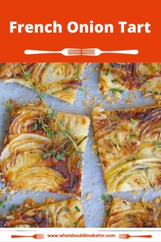 an image of french onion tart on a sheet of baking paper with fork and knife