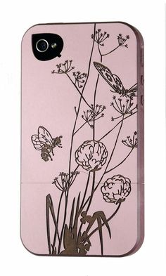 an iphone case with flowers and butterflies painted on the back cover is shown in blue