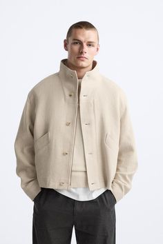 LINEN - COTTON JACKET - Beige | ZARA United States Neutral Cotton Outerwear For Fall, Neutral Cotton Outerwear For Winter, Neutral Cotton Winter Outerwear, Linen Spring Outerwear With Button Cuffs, Cotton Outerwear With Stand Collar And Relaxed Fit, Cotton Outerwear With Relaxed Fit And Stand Collar, Cotton Outerwear With Patch Pockets And Stand Collar, Modern Spring Outerwear With Button Cuffs, Spring Linen Outerwear With Button Cuffs