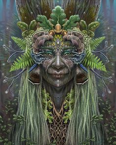 a digital painting of a woman's face with leaves and plants on her head