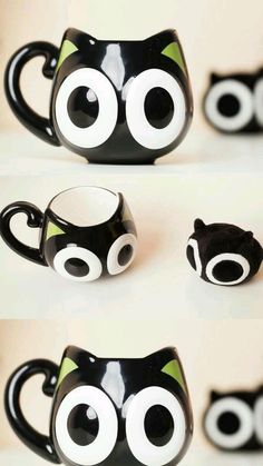 four pictures of black and white coffee mugs with googly eyes