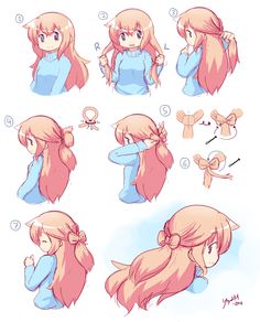 Poses To Show Off Hair, Kawaii Hairstyles Drawing, Anime Bun Hairstyles, Anime Inspired Hairstyles, Cute Anime Hairstyles, Anime Hair Styles, Hairstyles Drawing, Kawaii Hair, Pelo Anime