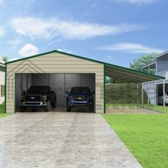 two cars are parked in the garage next to each other