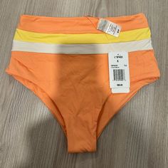 New With Tag, Portia Stripe Bottoms High-Waist Bottom Color Block Paneling Seamless Construction 80% Nylon, 20% Spandex Like All Delicates, Shape, Color And Fit Are Best Preserved If Hand Washed In Cold Water. Lay Flat To Dry. Style # Cbpsc18 High Waist Yellow Beachwear Bottoms, Orange Seamless Stretch Swimwear, High Waist Stretch Tankini For Spring, High Waist Yellow Bottoms For Poolside, Yellow Fitted High-waist Swimwear, Spring High-waist Yellow Swimwear, Yellow High Waist Swimwear For Beach Season, Orange Nylon Swim Bottoms, Orange Stretch Swimwear For Sports