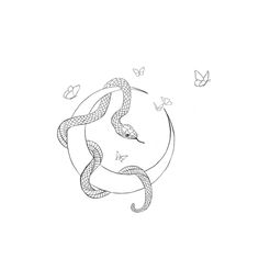 a drawing of a snake in the middle of a circle with butterflies flying around it