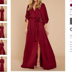 Red Dress Boutique Can't Look Away Burgundy Maxi Dress - Small - New With Tags. In Person The Color Is Darker, More Purple, Less Red (Like The Last Photo). This Gorgeous Dress Has Been Sold Out! This Maxi Dress Features A Surplice Neckline Secured By A Modesty Clasp, Large Kimono-Style Sleeves, And An Elastic Waistline Accompanied By An Included Matching Waist Tie. Model Is Wearing A Small. 100% Polyester Dry Clean Only Lined 100% Rayon Imported Length: Hem Hits At Floor As Total Length Measures Red V-neck Maxi Dress For Bridesmaid, Flowy Red Bridesmaid Dress, Red Flowy Bridesmaid Dress, Burgundy Maxi Dress For Date Night, Classy Maxi Dress, Pretty Dresses Casual, Burgundy Maxi Dress, Body Con Dress Outfit, Midi Dress Formal