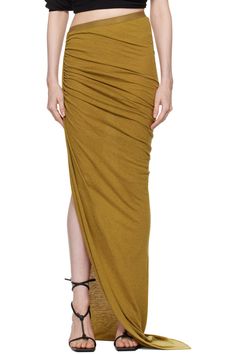 Rick Owens: Tan Porterville Edfu Maxi Skirt | SSENSE Skirt Draping, Jersey Skirt, Rick Owens, Raw Edge, Asymmetric Hem, Apparel Accessories, Womens Bottoms, Maxi Skirt, Top Brands