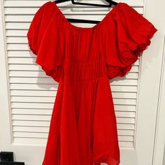 Never Been Worn, Nwt, Perfect Condition. Red Puff Sleeve Summer Dress, Red Off-shoulder Ruched Dress, Red Ruched Off-shoulder Dress, Red Lined Mini Dress For Day Out, Red Ruched Mini Dress For Day Out, Red Short Sleeve Lined Dress, Red Lined Dress For Day Out, Red Short Sleeve Dress With Ruched Detail, Red Ruched Short Sleeve Dress