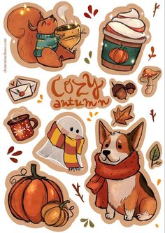 an image of stickers with animals and pumpkins on them, including the words cozy autumn