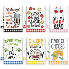 six kitchen towels with different sayings on them, including one for the baby and one for