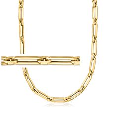 Ross-Simons - Italian 14kt Yellow Gold Alternating Paper Clip Link Necklace. 18". Crafted in Italy from 14kt yellow gold, this paper clip link necklace is the newest must-have. Its minimalistic, sleek design is all the rage and perfect for layering with other on-trend chains. Alternates with petite spacer links for a more pronounced look. Lobster clasp, 14kt yellow gold alternating paper clip link necklace. Jewelry Presentation, Spring Mechanism, Gold Link Necklace, Twisted Bangle, Yellow Gold Bangle, Gold Rope Chains, Gold Jewelry Sets, Yellow Gold Jewelry, Gold Paper