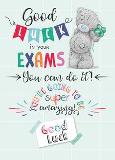 an image of a teddy bear with some words above it that say good luck in your exam