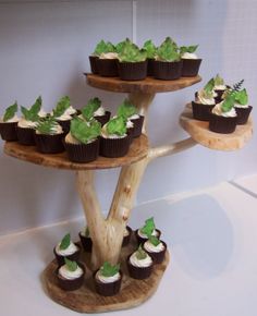 cupcakes are arranged on three tiered trays with green leafy decorations