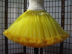 "This listing is for a custom order for a super-full double layer nylon organdy petticoat with satin waist and chiffon bottom ruffles. The pictured petticoat was designed for a 30\" (76cm) waist and is 20\" (51cm) long. It is displayed on a dress form with a 22\" (55cm) waist. You can choose any length you need. I will lengthen each of the tiers to achieve extra length. If you would prefer that I add another tier to achieve extra length, then the price will increase substantially. If you would p Fitted Organza Petticoat With Ruffles, Fitted Spring Organza Petticoat, Spring Fitted Organza Petticoat, Fitted Organza Petticoat For Spring, Sun Yellow, Yellow Skirt, Gaming Clothes, Polyester Satin, Dress Form