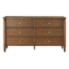 a large wooden dresser with four drawers and two pulls on each drawer, against a white background