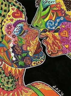 a painting of a man and woman kissing each other with colorful patterns on their face