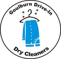 the logo for goulburn drive - in dry cleaner's, with a blue robe hanging on a hanger