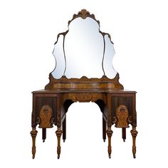 an antique wooden dressing table with mirror on top