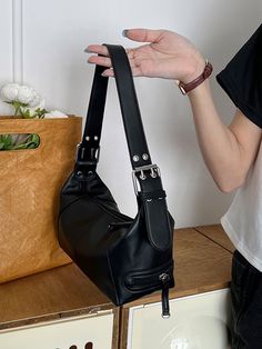 Black Punk,Unisex Collar  PU Leather Plain Baguette Bag Embellished   Women Bags Buckle Shoulder Bag, Shein Bags, Spike Bag, Shoulder Bag Outfit, Trendy Bags, Buckle Bag, Trendy Business Casual, Motorcycle Bag, Bags For Teens