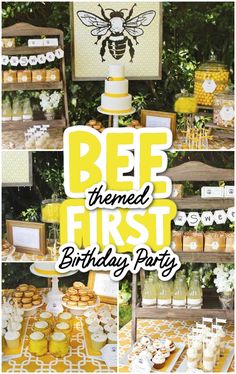 bee themed first birthday party with cupcakes and desserts on the table in yellow