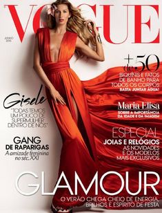 a magazine cover with a red dress and high heels