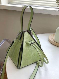 Croc Embossed Drawstring Pyramid Bag  - Women Satchels Pyramid Bag, Preppy Bags, Leather Anniversary, Green Handbag, Adjustable Bag, Novelty Bags, Fancy Bags, Crocodile Leather, Cute Bags