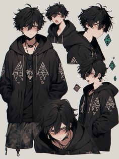 an anime character with black hair and hoodie