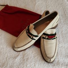 Vintage Gucci Men's Beige/Cream Leather 43.5 M Loafer! Worn Sole And Need Some Cleaning. Very Nice Classic Gucci Shoes Comes With Original Shoe Bag. Beige Slip-on Dress Shoes For Business, Cream Leather Sole Loafers For Business, Beige Calf Leather Loafers For Business, Classic Cream Loafers For Business, White Gucci Loafers For Work, Cream Loafers With Leather Sole For Business, Formal Cream Loafers With Rubber Sole, Classic Cream Business Loafers, Business Beige Calf Leather Loafers