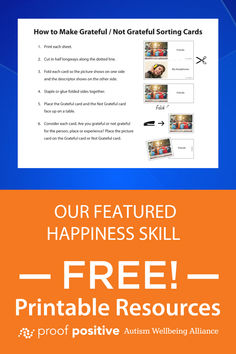 an orange and blue background with the words, our featured happiness skill is free printable resources