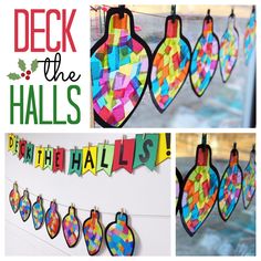 several different pictures of christmas decorations hanging from clothes pins with the words deck the halls on them