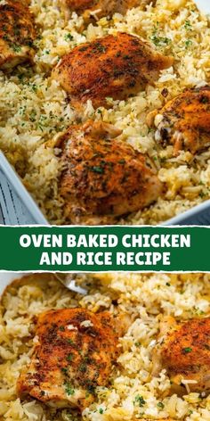 chicken and rice casserole is shown in two separate pans, with the words oven baked chicken and rice recipe below