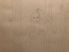 a drawing of a woman standing in front of trees