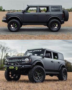 two pictures of the front and rear sides of a gray truck with black tires on it