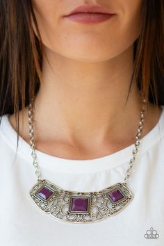 Feeling Inde-PENDANT - Purple Glistening silver filigree spins into a dramatic pendant below the collar. Square plum beads are pressed into the airy frame for a colorful finish. Features an adjustable clasp closure. Sold as one individual necklace. Includes one pair of matching earrings. Necklaces 2022, Purple Statement Necklace, Beauty Closet, Paparazzi Accessories Jewelry, Silver Strand, Women Necklaces, Bling Necklace, Purple Necklace, Red Beads