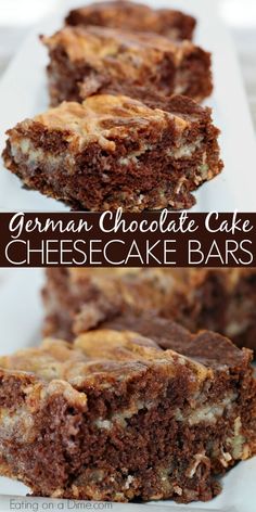 german chocolate cake cheesecake bars are stacked on top of each other and ready to be eaten