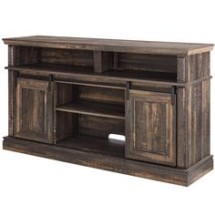 the entertainment center is made from wood and has two doors on one side, an open door