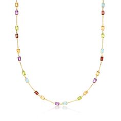 Ross-Simons - 14.10ct t. w. Multi-Gemstone Station Necklace in Gold. 18". Unlock a world of color with this stunning station necklace! Lovely, lucent emerald-cut gems trace the neckline on a classic 14kt yellow gold cable chain, including 14.10 ct. tot. gem wt. citrine, garnet, sky blue topaz, peridot and amethyst. Springring clasp, multi-gemstone station necklace. Garnet birthstones are the perfect gift for January birthdays. Garnet Birthstone, Sky Blue Topaz, Station Necklace, World Of Color, Emerald Cut, Cable Chain, Blue Topaz, Citrine, Sky Blue