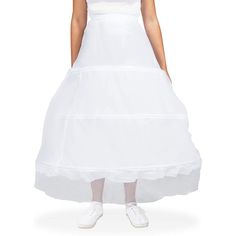 Wear this white 3-hoop petticoat under a full skirt to add volume to create a fit and flare silhouette, measuring at 28 inches in length, it can easily be worn under a wide variety of dress types. The versatile design allows the petticoat to be worn with a casual outfit, as an extra touch to your date night look, or for a ball gown or wedding dress. Crinoline Tiered Ruffled Skirt, Tiered Ruffled Crinoline Skirt, Tiered Ruffled Skirt In Crinoline, Flowy Tiered Petticoat With Attached Cancan, Flowy Full Skirt Petticoat With Attached Cancan, Fitted Crinoline Tiered Skirt, Fitted Tiered Skirt For Debutante Ball, Fitted Flared Ruffled Petticoat, Fitted Gathered Skirt Petticoat