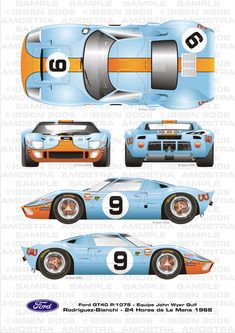 the blue and orange race car is shown in three different positions, with numbers on each side