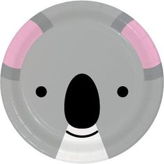 a paper plate with a koala face on it's side and pink ears