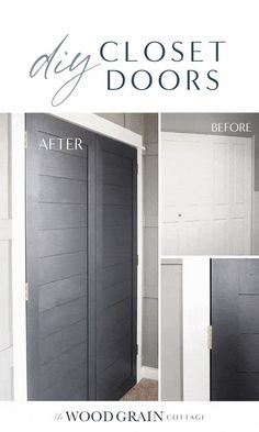 the door before and after being painted with woodgrain cottage's diy closet doors