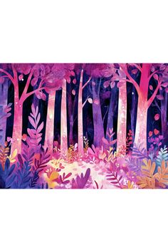 a painting of trees and plants in the woods with pink hues on purple background