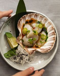 a plate with scallops and vegetables on it next to someone's hand