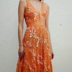 Condition Brand New. Purchased From Neiman Marcus. Size Small. Elegant Orange Sequin Dress, Elegant Orange Dresses For Gala, Embellished Orange Evening Dresses, Orange Embellished Floor-length Dress, Sleeveless Orange Evening Dress For Wedding, Elegant Sleeveless Orange Evening Dress, Elegant Orange Sleeveless Evening Dress, Orange A-line Evening Dress, Glamorous Orange Wedding Dress